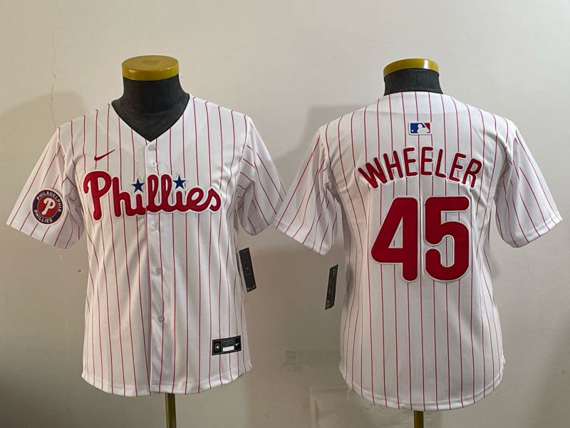 Youth 2026 Philadelphia Phillies #45 Wheeler White Game Nike MLB Jersey style 05->youth mlb jersey->Youth Jersey